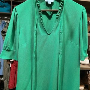 Green Cece blouse with puffy sleeves, tie and small ruffle